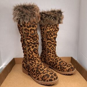 Mata Furry Leopard Faux Suede & Fur Fold Over mid calf boots